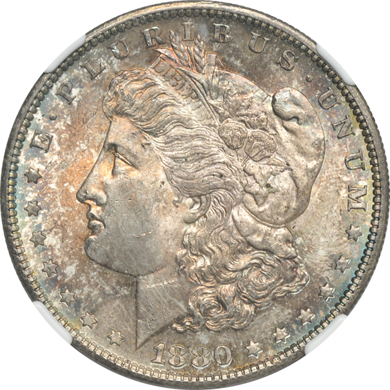 Five toned UNC Morgan dollars, all NGC CAC