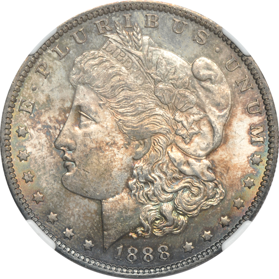 Five toned UNC Morgan dollars, all NGC CAC