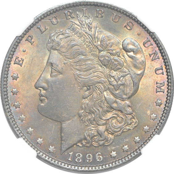 Five toned UNC Morgan dollars, all NGC CAC