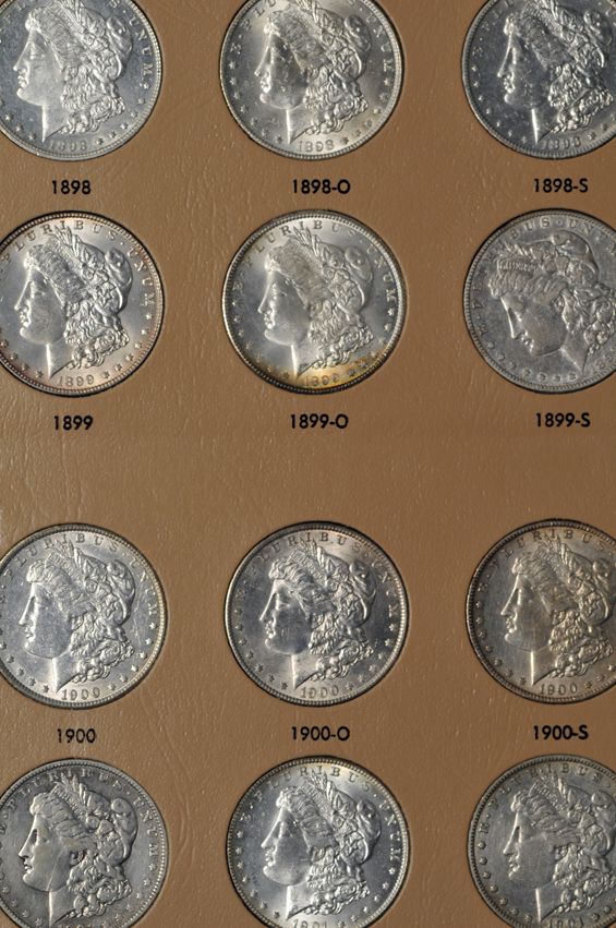 Collection of forty-six different Morgan silver dollars, 1891 to 1921-S, in a Dansco 7179 album