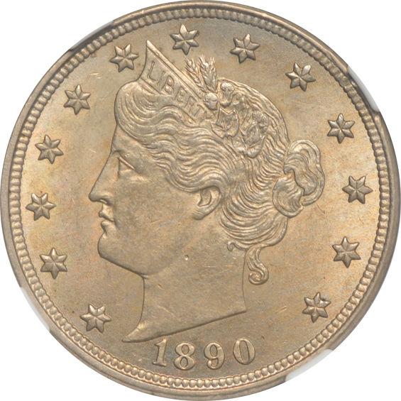 1890 Liberty nickel MS-62, 1935-D and 1935-S Buffalo nickels, both MS-64, all NGC