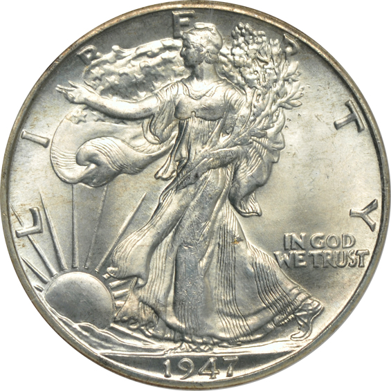 Five Walking Liberty half-dollars certified by ANACS