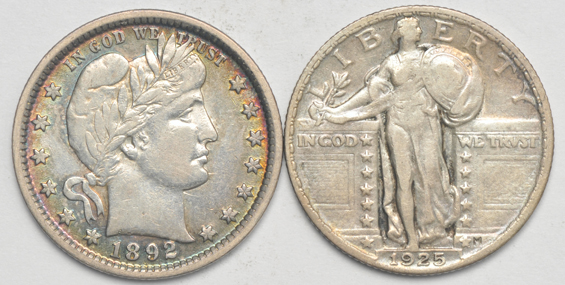 Group of Barber, Standing Liberty, and Washington quarters