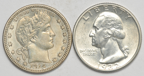 Group of Barber, Standing Liberty, and Washington quarters