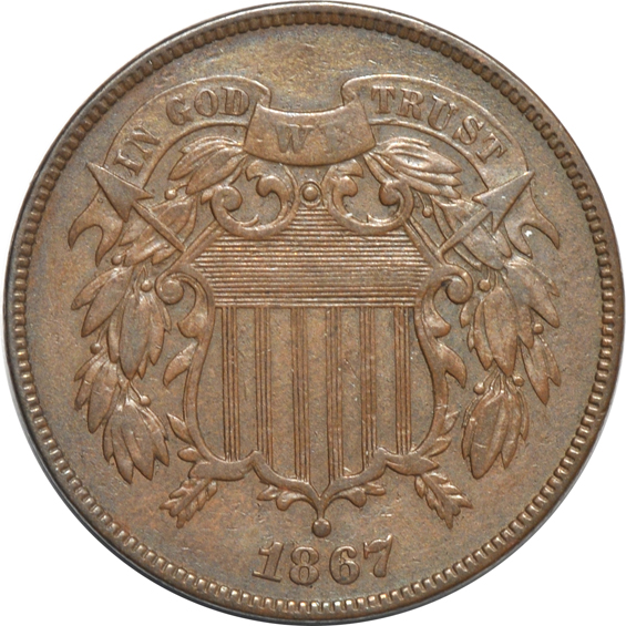 Eleven large cents, plus an 1867 two-cent piece