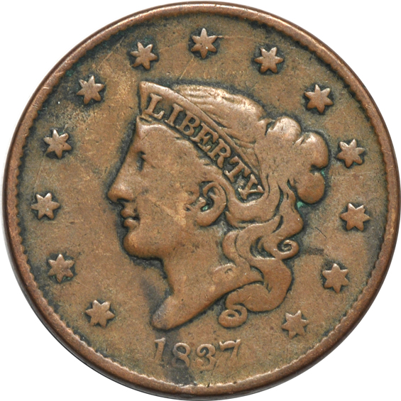 Eleven large cents, plus an 1867 two-cent piece