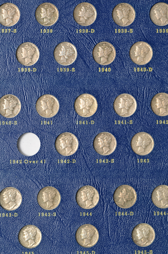 Nearly complete collection of Mercury dimes in a Whitman 9413 album