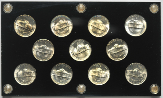 Four sets of Jefferson Wartime nickels in Capital Plastics holders