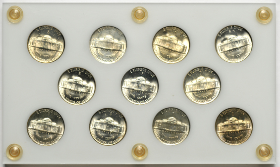 Four sets of Jefferson Wartime nickels in Capital Plastics holders