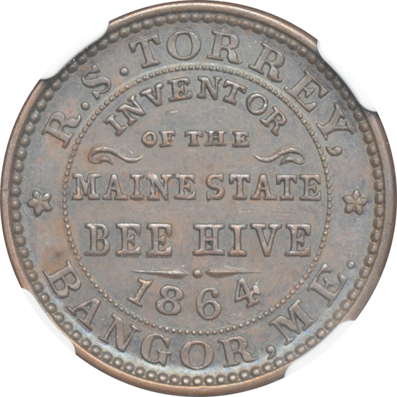 1964 Civil War token, Bangor, Maine, F-100A-2a R.S. Torrey, Inventor - NGC MS-64 BN