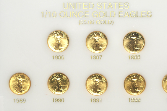 Collection of BU 1/10oz Gold American Eagles, 1986 through 2003, in a Capital Plastics holder