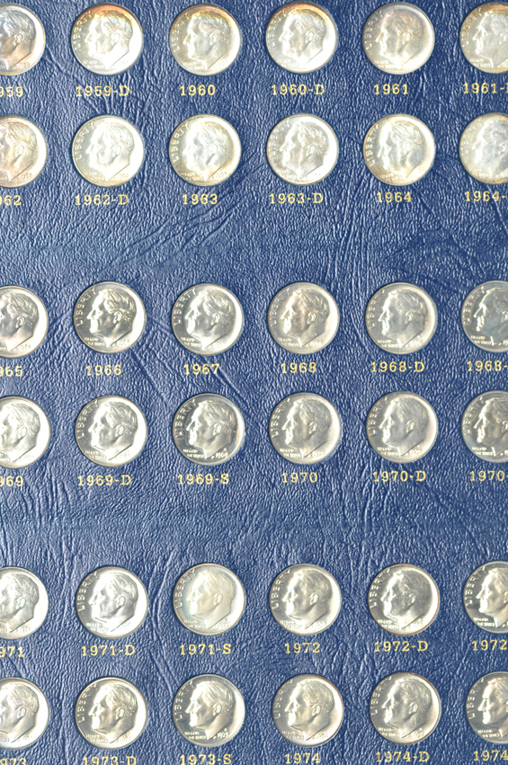 Multiple collections of Roosevelt dimes in albums