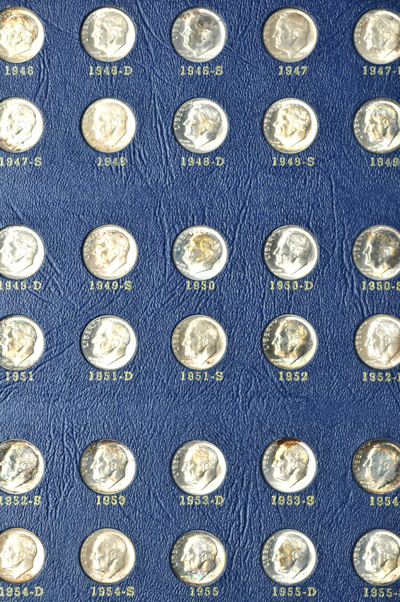 Multiple collections of Roosevelt dimes in albums