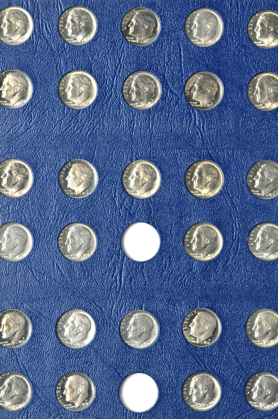 Multiple collections of Roosevelt dimes in albums