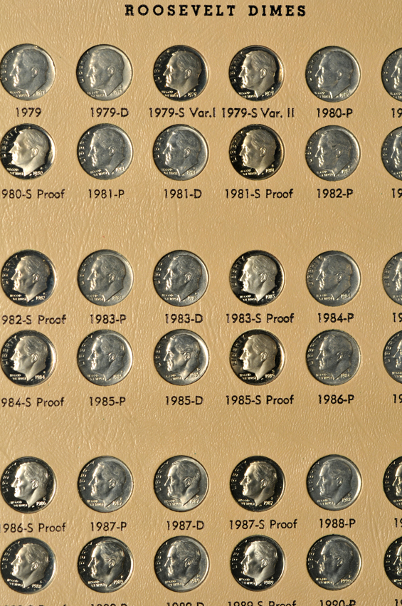 Multiple collections of Roosevelt dimes in albums