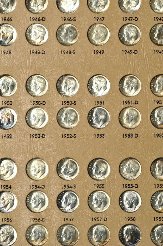 Multiple collections of Roosevelt dimes in albums
