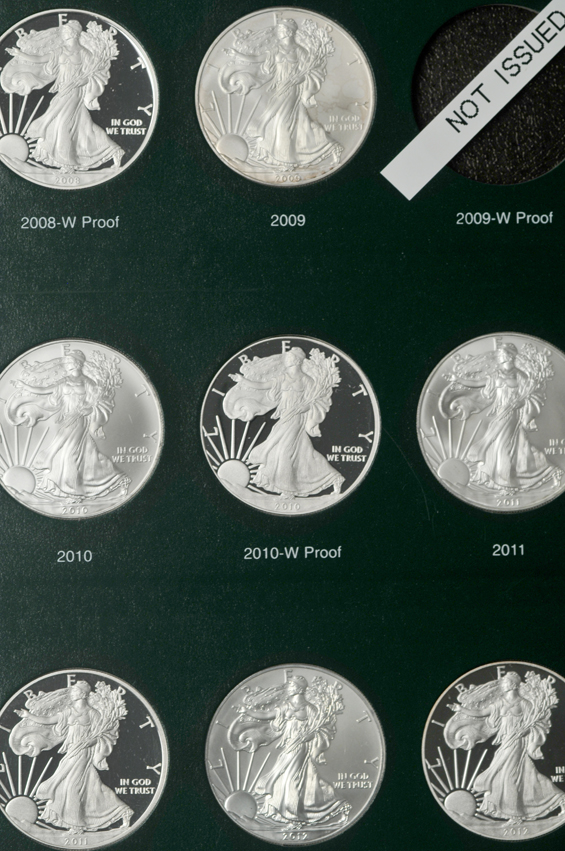 Collection of American Silver Eagles, including proof-only issues, 1986 through 2012-W, in two Intercept Shield albums