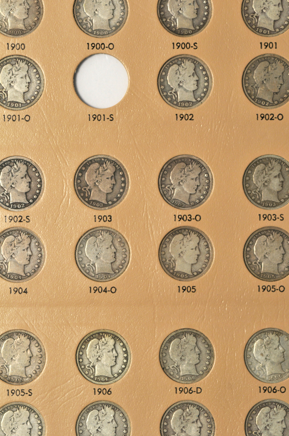 Nearly complete collection of Barber quarters in a Dansco 7130 album