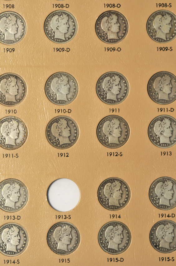 Nearly complete collection of Barber quarters in a Dansco 7130 album