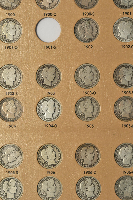 Nearly complete collection of Barber quarters in a Dansco 7130 album
