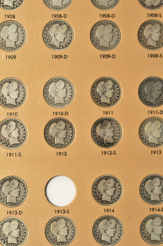 Nearly complete collection of Barber quarters in a Dansco 7130 album
