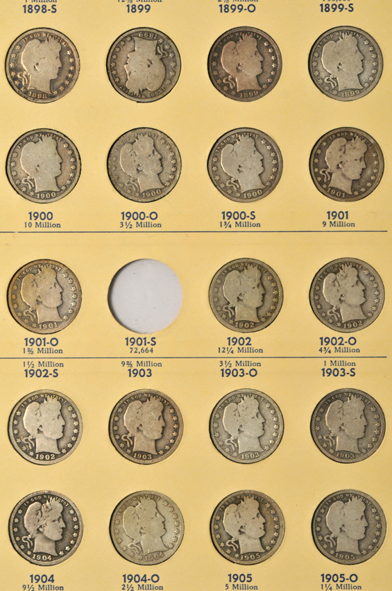 Nearly complete collection of Barber quarters in a Library of Coins album
