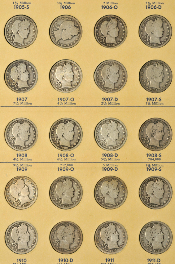 Nearly complete collection of Barber quarters in a Library of Coins album