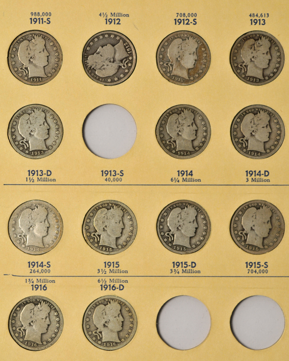 Nearly complete collection of Barber quarters in a Library of Coins album