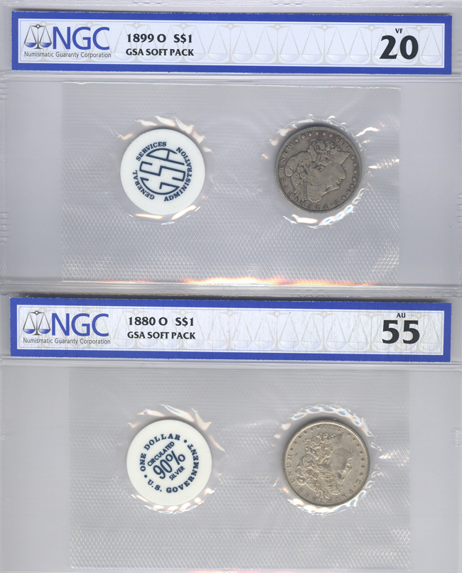 Seven GSA Soft Pack silver dollars, all NGC