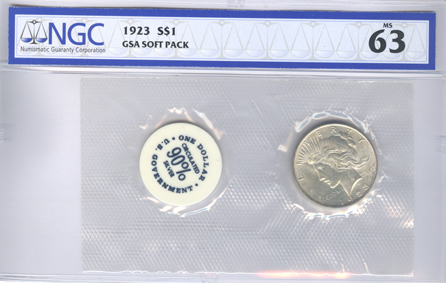 Seven GSA Soft Pack silver dollars, all NGC