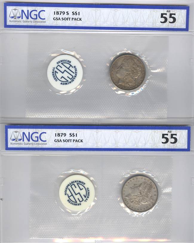 Ten GSA Soft Pack Morgan silver dollars, all NGC certified