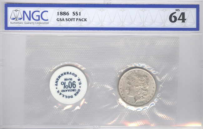 Four UNC GSA Soft Pack Morgan silver dollars, all NGC certified