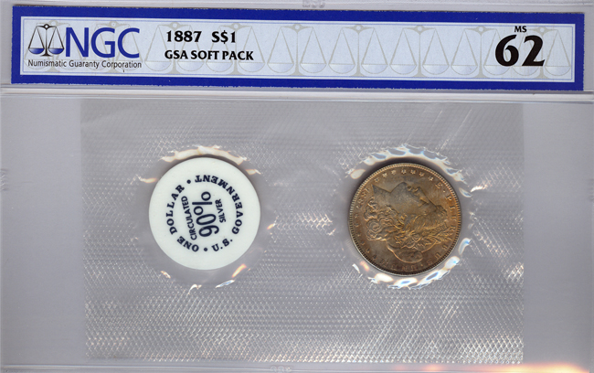 Four UNC GSA Soft Pack Morgan silver dollars, all NGC certified