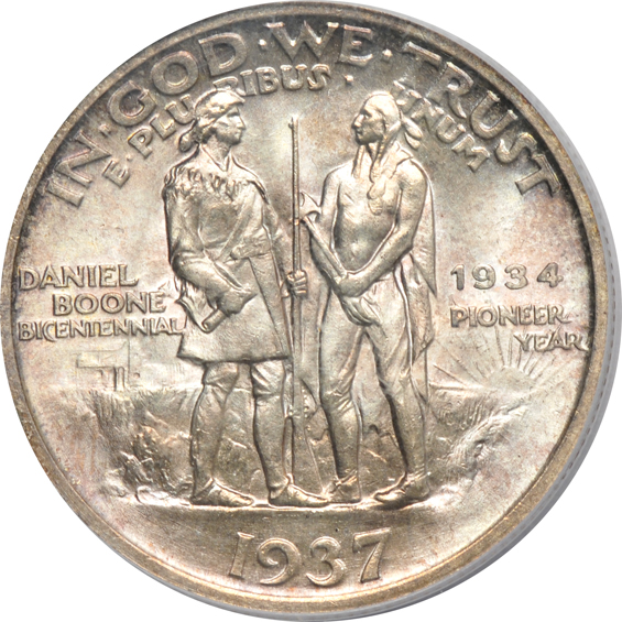 Two 1937 Boone MS-65 (one green label), and a 1938 Boone MS-64, all PCGS