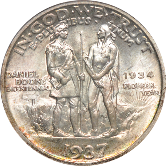 Two 1937 Boone MS-65 (one green label), and a 1938 Boone MS-64, all PCGS
