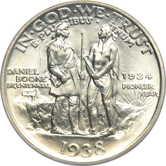 Two 1937 Boone MS-65 (one green label), and a 1938 Boone MS-64, all PCGS