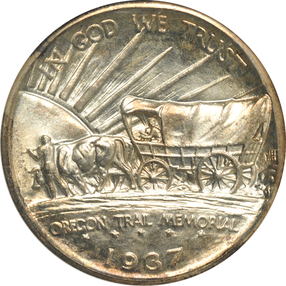 Four Oregon silver commemorative half-dollars, all certified