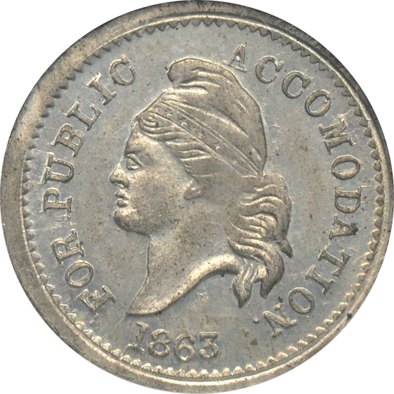 1863 F-37/434 J FOR PUBLIC ACCOMODATION MS-63, and an 1864 F-56/229 J OUR COUNTRY MS-62, both NGC