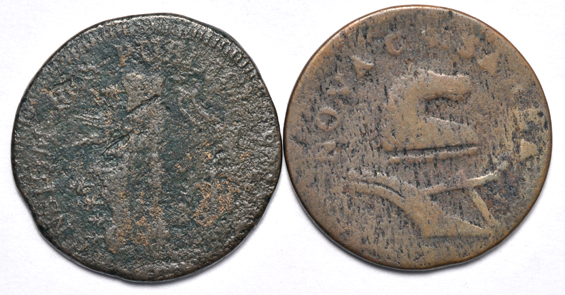 Five colonial coins, as described