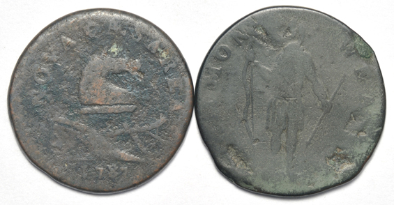Five colonial coins, as described