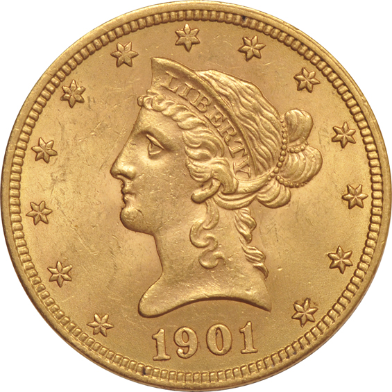 1882 and 1901 Liberty eagles, plus a 1910 Indian eagle, as described