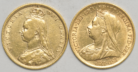 Great Britain - Thirteen 1/2 sovereigns and five sovereigns