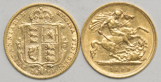 Great Britain - Thirteen 1/2 sovereigns and five sovereigns