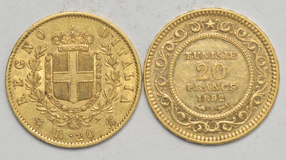 Multiple - Eleven gold coins consisting of $100 Cayman Islands, 20 lira, six 20 francs, and three 20 kroners, approximately 2.64ozs agw