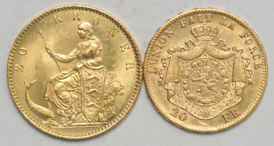 Multiple - Eleven gold coins consisting of $100 Cayman Islands, 20 lira, six 20 francs, and three 20 kroners, approximately 2.64ozs agw