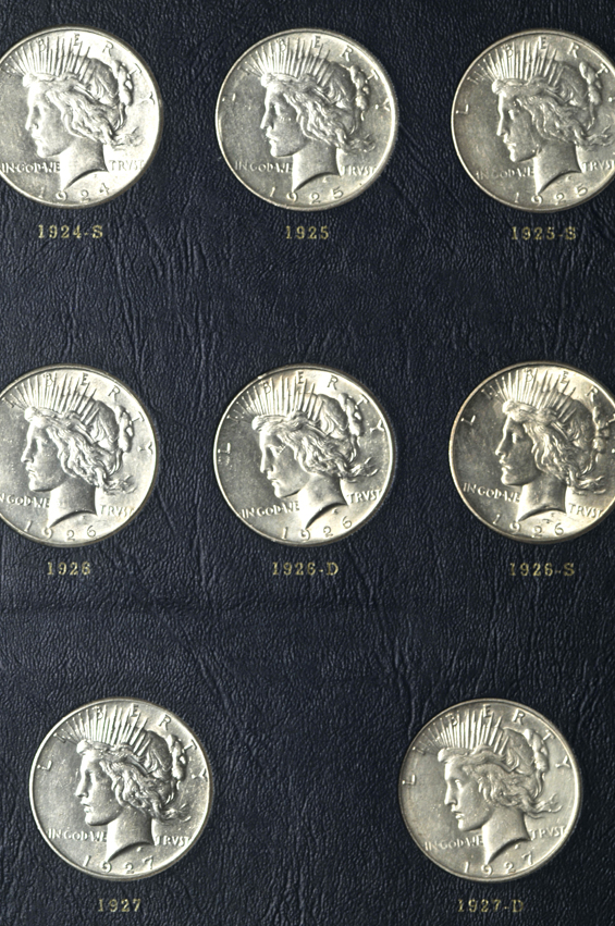 Complete collection of Peace silver dollars in a Whitman 9430 album