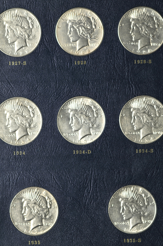 Complete collection of Peace silver dollars in a Whitman 9430 album