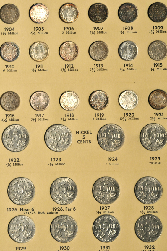 Canada - Complete collection of five-cent pieces, 1858 through 1976, in a Library of Coins album