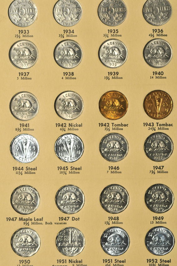 Canada - Complete collection of five-cent pieces, 1858 through 1976, in a Library of Coins album