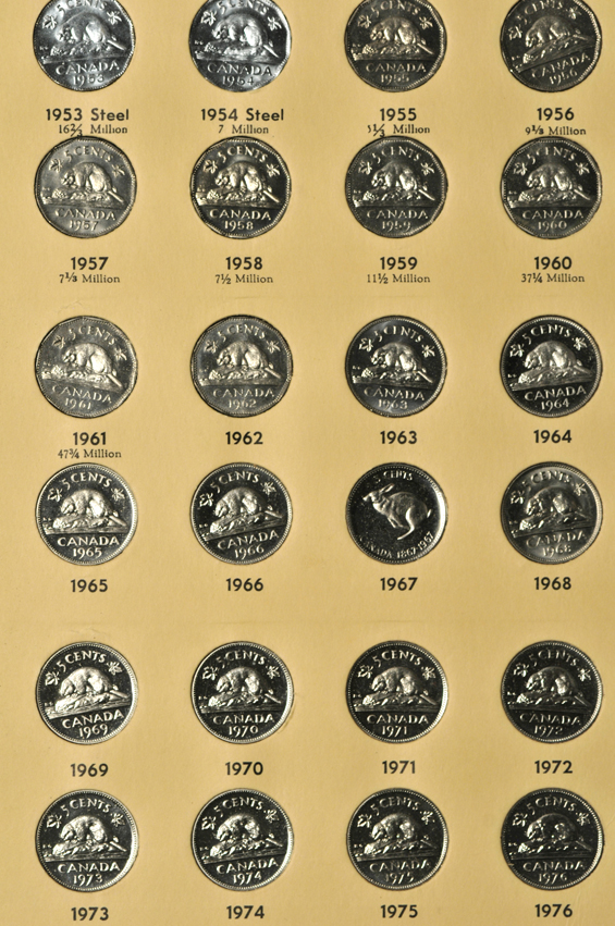 Canada - Complete collection of five-cent pieces, 1858 through 1976, in a Library of Coins album